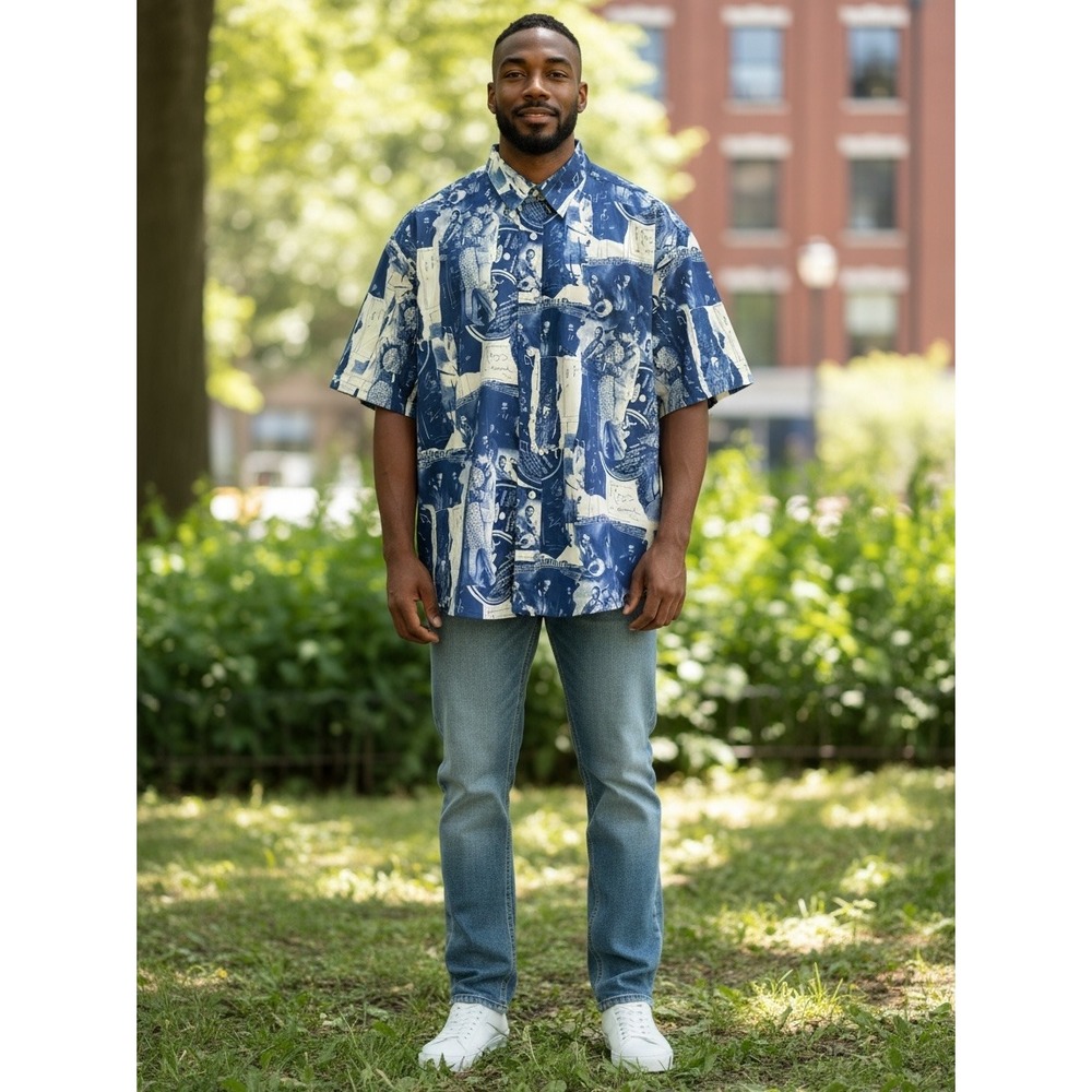 Enyce Vintage Jazz Collage Shirt Mens XL Blue Short Sleeve Music Print